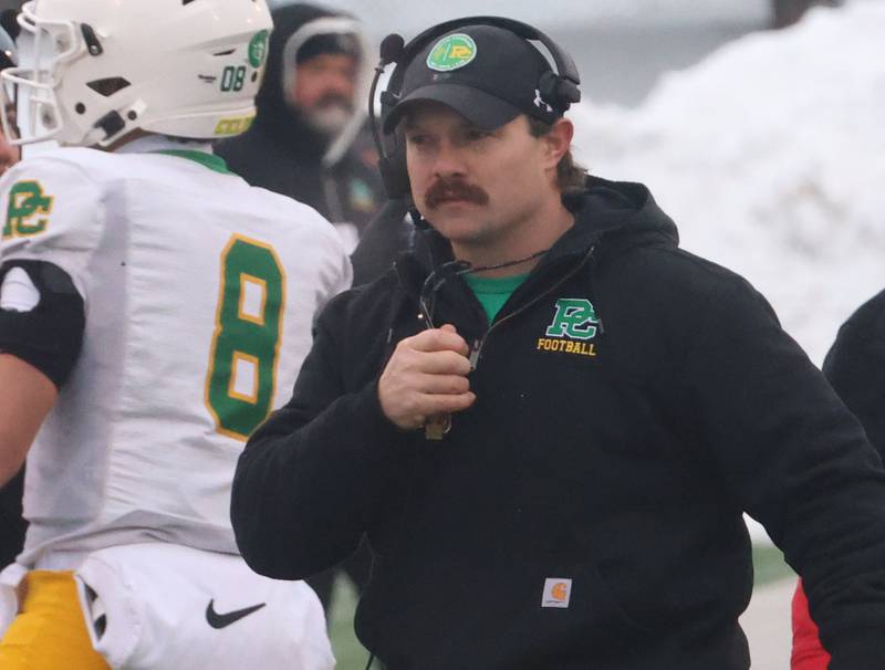 Providence Catholic head football coach Tyler Plantz coaches his team during the Class 5A State championship game on Tuesday, Dec. 2, 2025 in Hancock Stadium at Illinois State University in Normal.