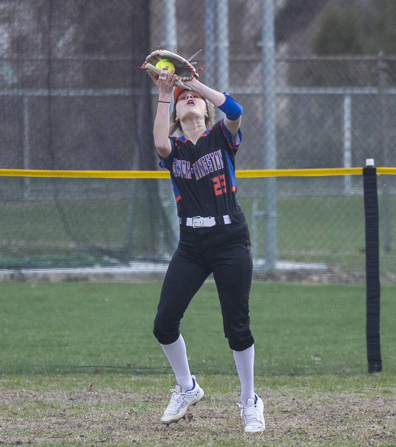 Genoa-Kingston’s Liliana Stiles makes a catch in centerfield against Dixon Monday, April 7, 2025.