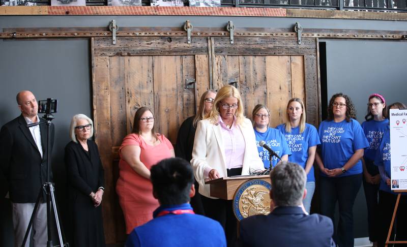 They're all looking for answers from St. Margaret's and none of them are happy. State Sen. Sue Rezin (R-Morris) addresses the media during a press conference regarding the recent closure of  St. Margaret's Health-Peru on Monday, Feb. 6, 2023 at Westclox in Peru.