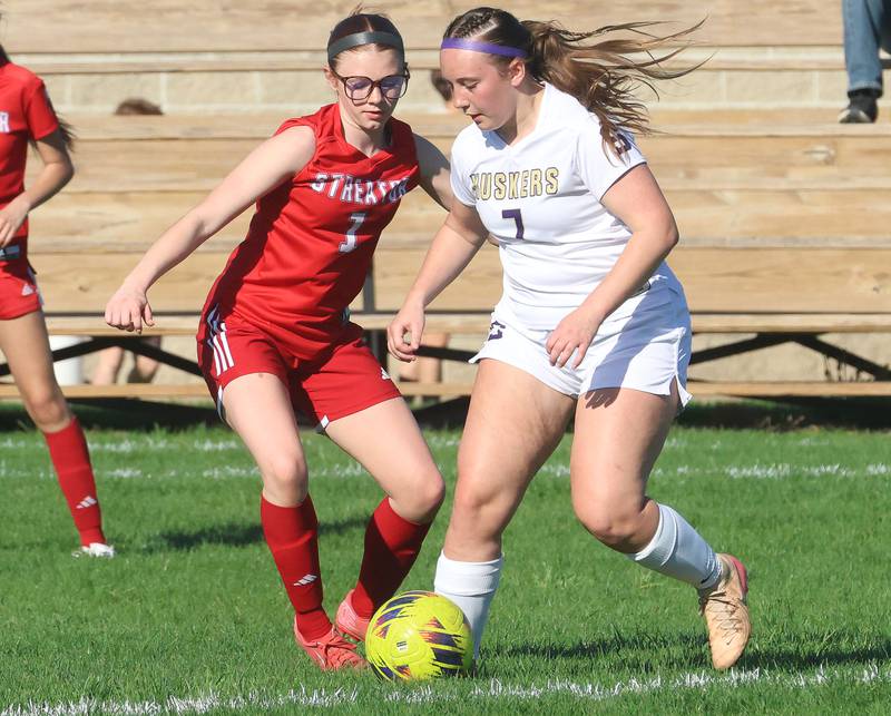 Streator's Kealy Hanafin and Serena/Newark/Earlville's Zivana Skalic go after the ball on Thursday, April 16, 2026 at the James Street Recreational Complex in Streator.