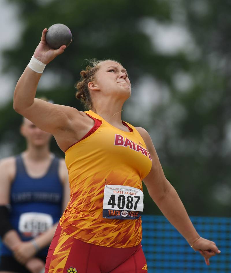 Batavia’s Ingrid Wit throws while competing in the Class 3A shot put during the girls track and field state meet at Eastern Illinois University on Saturday, May 23, 2026 in Charleston.