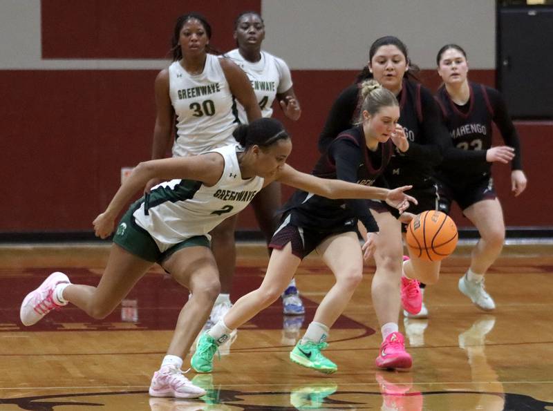 Marengo’s Myah Broughton, right, races St. Edwards’  Savannah Lynch for the ball in IHSA Regional Championship girls basketball on Thursday, Feb. 19, 2026, at Marengo High School in Marengo.