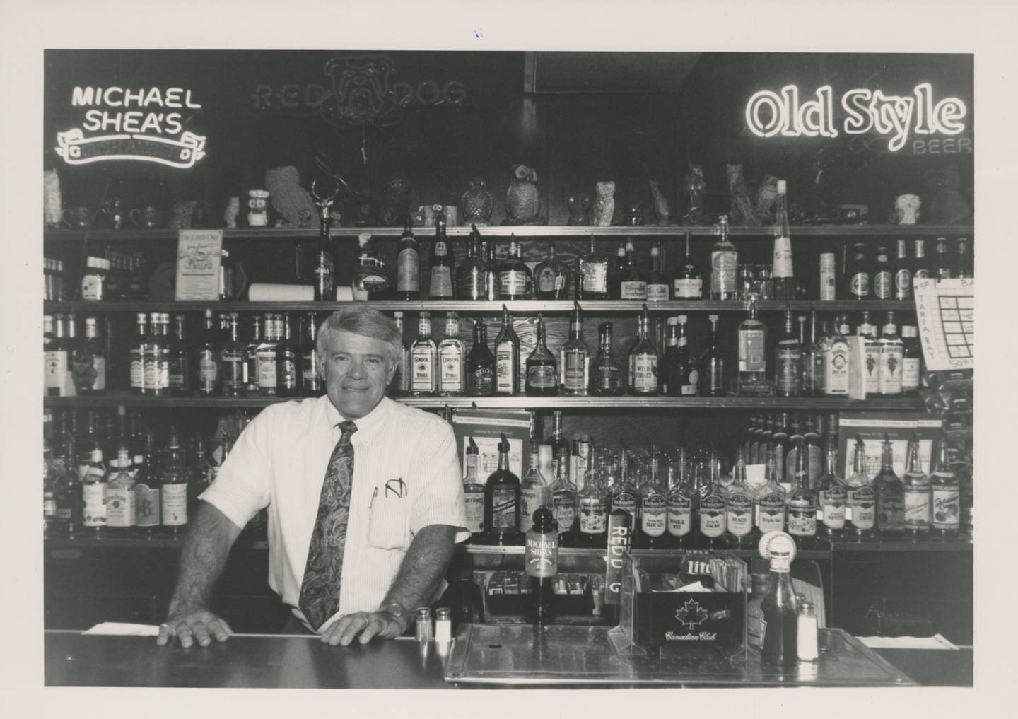 Little Owl at 101 West State Street in downtown Geneva.  Little Owl owner, Bob Arbizzani, behind the bar in 1995.