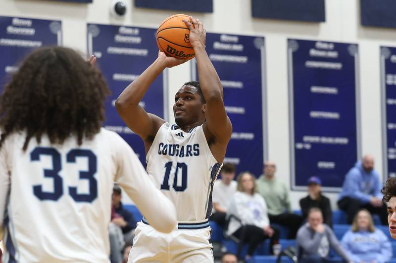 Plainfield South’s Khalil Truman takes a shot from the top of the paint against Morris on Wednesday, Jan. 28, 2026 in Plainfield.
