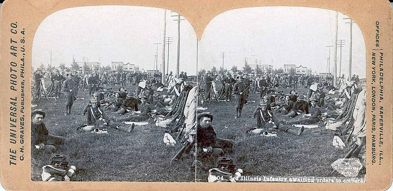 This photo shows soldiers from the 3rd Illinois, which included local men, waiting for orders to embark in 1898 during the Spanish-American War.