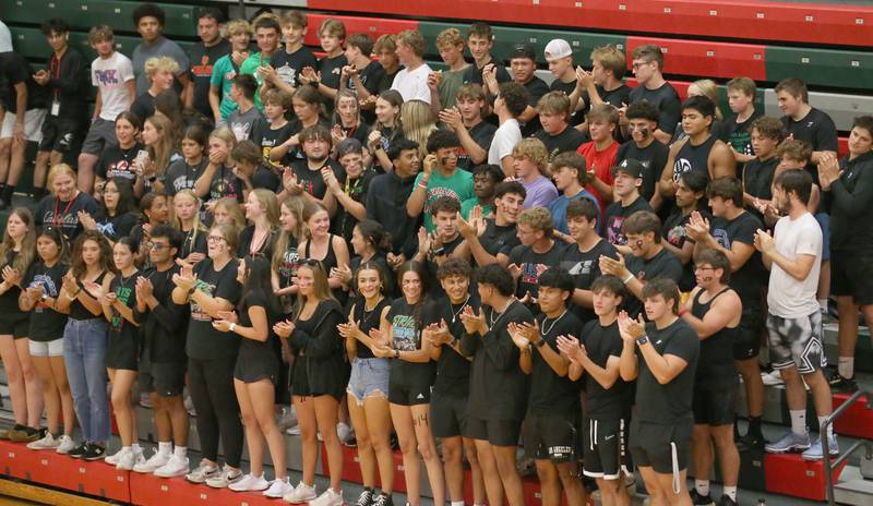 L-P fans applaud during the introductions of the L-P volleyball players on Tuesday, Aug. 22, 2023 in Sellett Gymnasium.