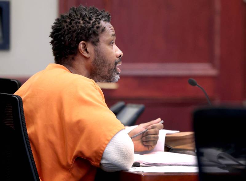 Matthew L. Martin speaks to Circuit Court Judge Philip Montgomery during a pretrial hearing Thursday, April 3, 2025, at the DeKalb County Courthouse in Sycamore. Martin is charged with robbing a DeKalb bank in July 2024.