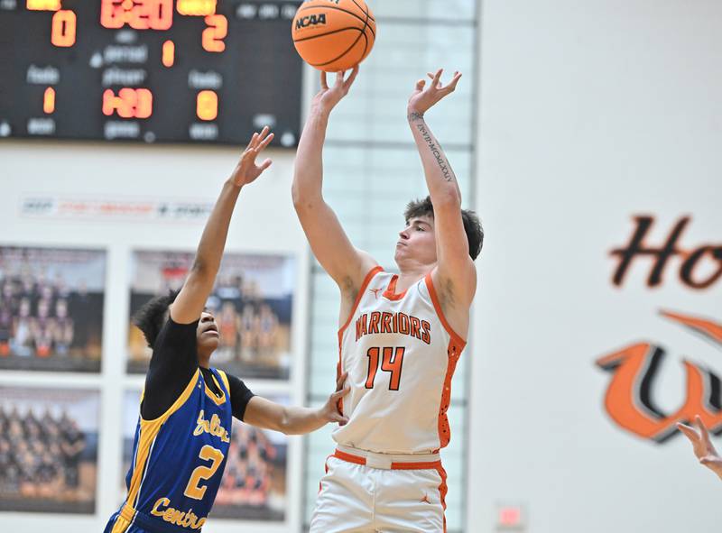 Lincoln-Way West's Drake Been (14) shoots a jump shot during the 4A Lockport Regional game against Joliet Central on Monday, FEB. 23, 2026, at New Lenox.