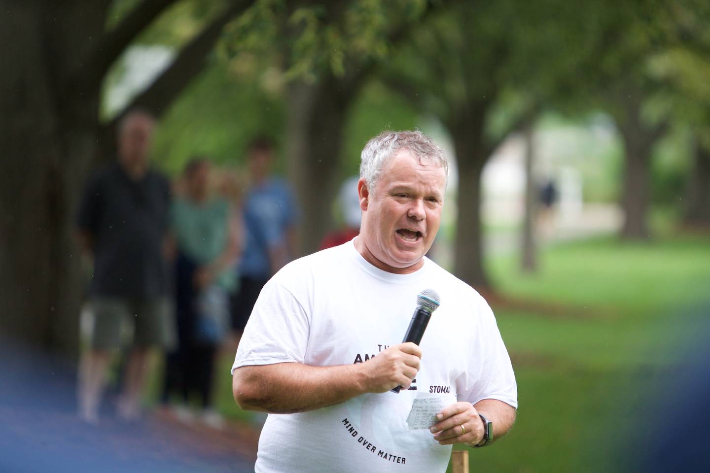 Clint Hull speaks at The Amazing Race Hardy Strong at Mt. St. Mary Park in St. Charles on Saturday, August 5, 2023