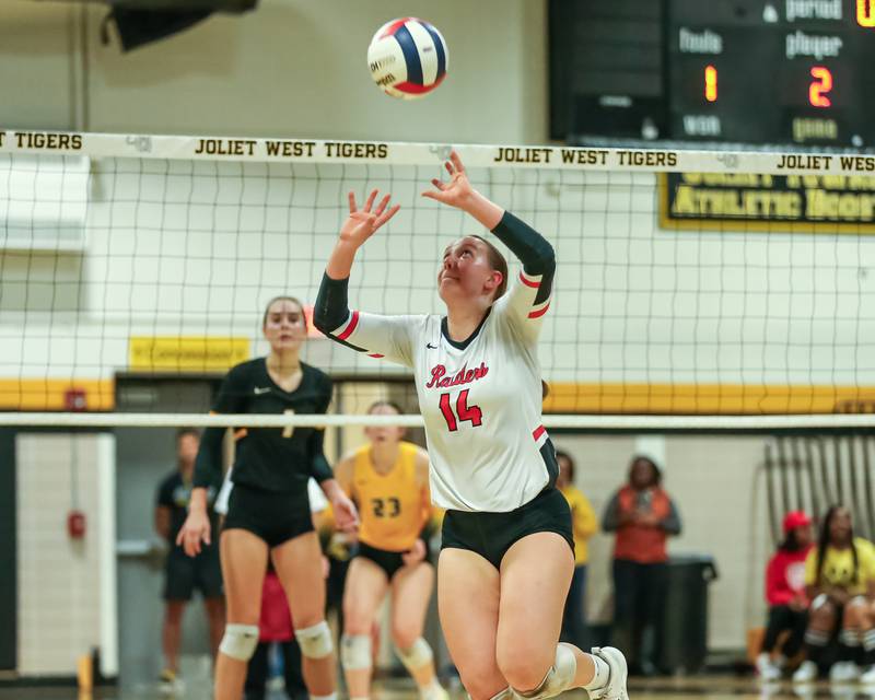 Bolingbrook's Sarah Harvey (14) sets a shot during regional final volleyball match between Bolingbrook at Joliet West.  Oct 26, 2023.