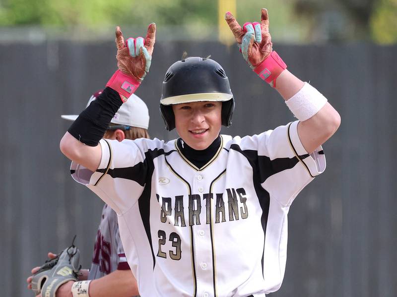 Sycamore's Noah Neece celebrates after hitting a double Wednesday, May 13, 2026, during their game against Morris at the Sycamore Community Sports Complex.