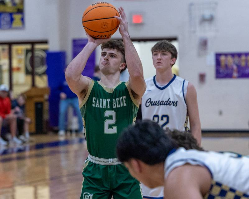 St. Bede's Gus Burr (2) shoots free-throw during the Class 1A Regional Boys Basketball Championship game against Marquette on Friday, Feb. 27, 2026 at Serena High School.