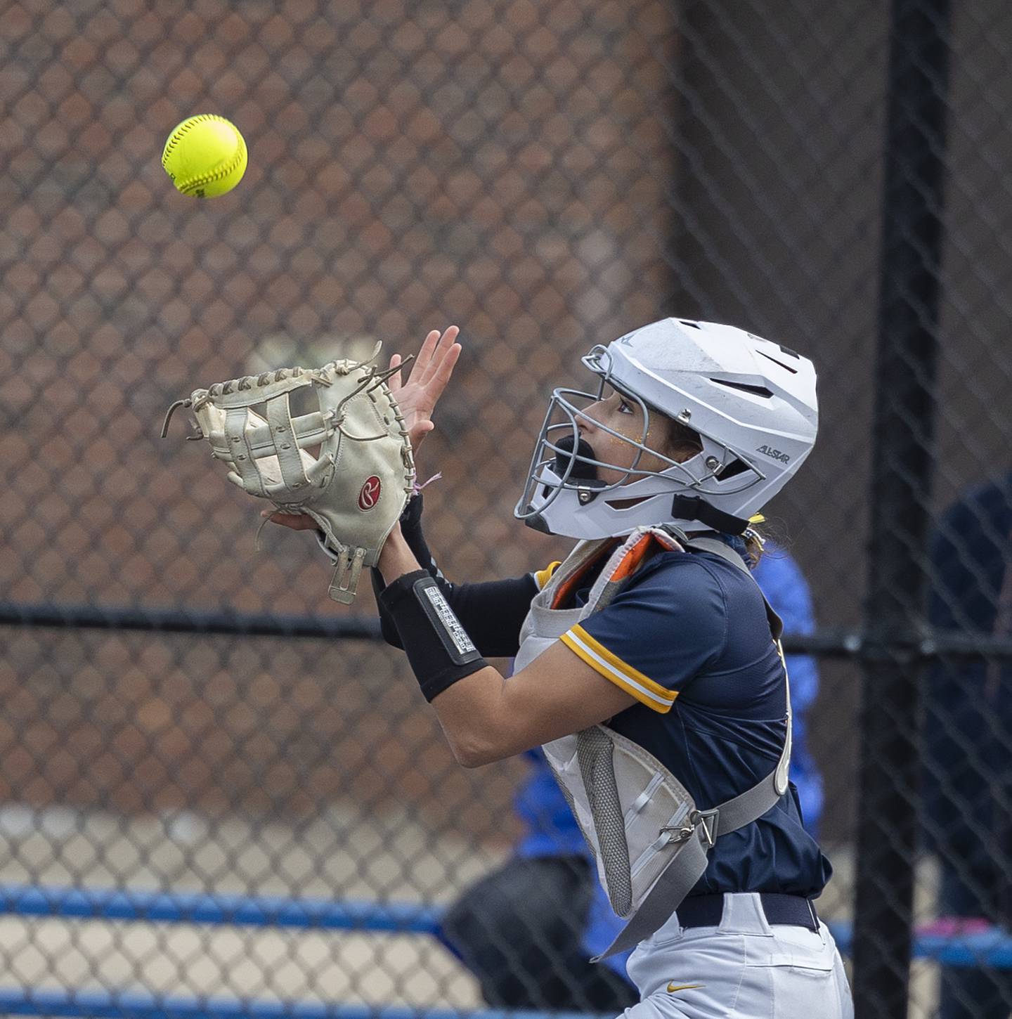 Sterling’s Rosie Cantu grabs a pop-up bunt against Quincy last season.
