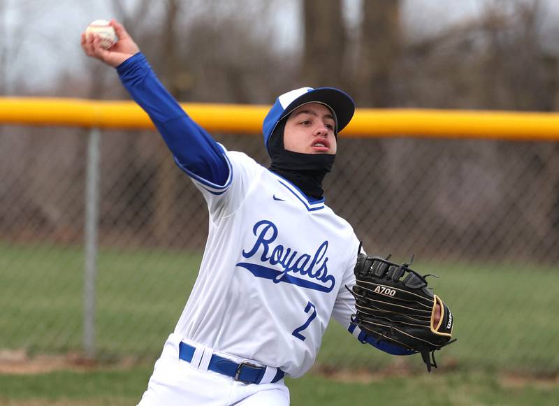 Hinckley-Big Rock’s Matthew Badal gets the ball back into the infield during their game against Polo Thursday, April 3, 2025, at Hinckley-Big Rock High School.