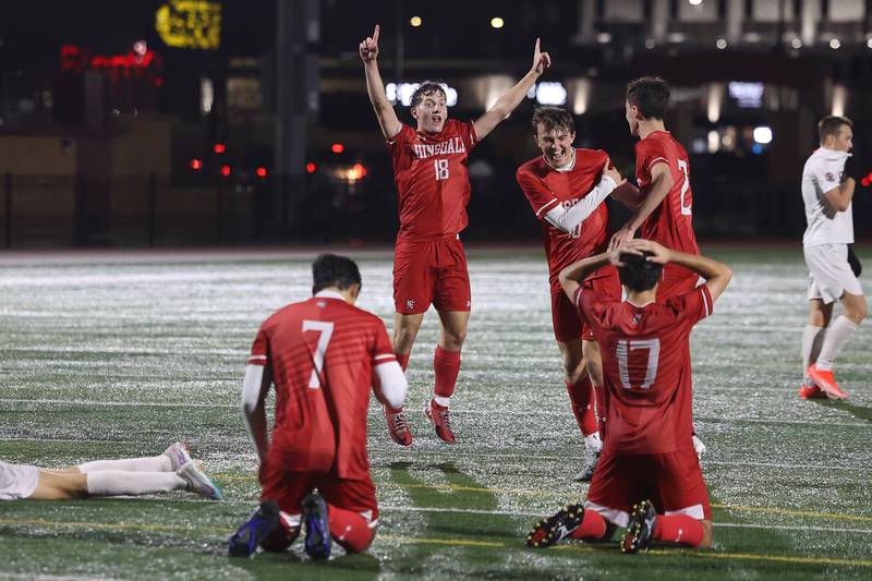 Hinsdale Central’s Austen Szurgot (18) and the rest of the team celebrates their 2-1 win over Lockport in the Class 3A Morton Supersectional on Tuesday, Nov. 5, 2024 in Cicero.