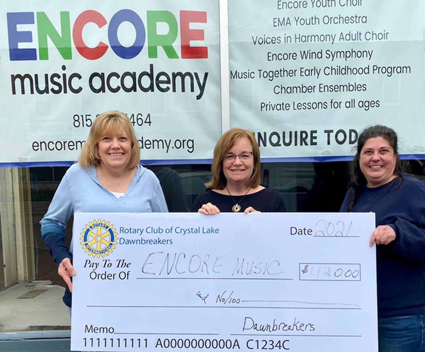 Rotary Club of Crystal Lake Dawnbreakers donated $1,100 in November 2021 to ENCORE Music Academy for air filter systems in its new location on Williams Street in downtown Crystal Lake.