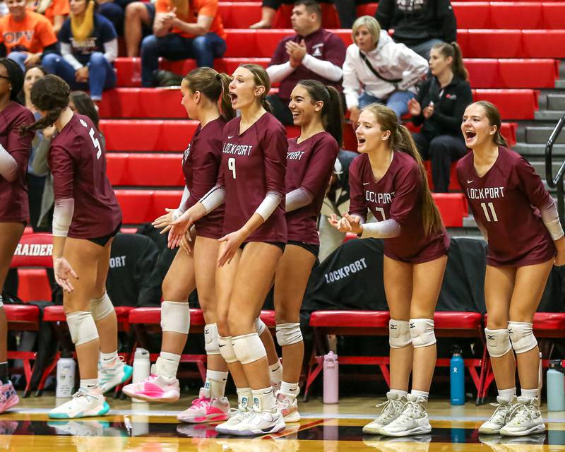 Lockport's bench cheers on the team during Class 4A Bolingbrook Sectional final match between Lockport at Oswego.  Nov 7, 2024  in Bolingbrook.