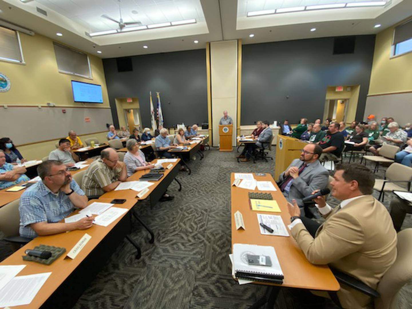 Brian Gregory (right bottom corner), county administrator, speaks to the DeKalb County Board Wednesday, July 13, 2022 during the board's Committee of the Whole meeting at the Legislative Center in Sycamore. Gregory presented updated financial numbers about the nursing center, which sits about $7 million in debt, as the board considers whether to sell the home to a private buyer or place a property tax referendum on the November 2022 ballot.