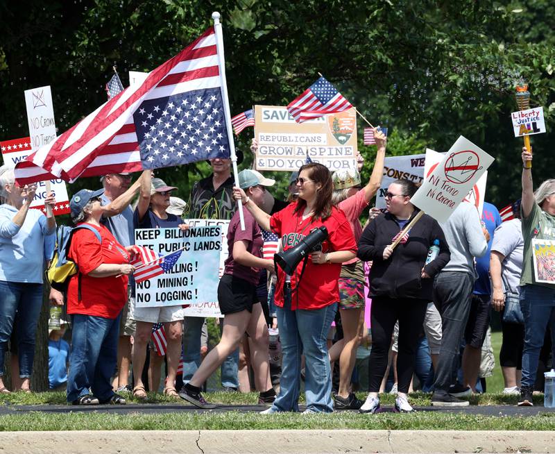 Protesters chant and wave flags Saturday, June 14, 2025, during a No Kings rally along Sycamore Road at Hopkins Park in DeKalb. The group was protesting the policies of President Donald Trump and his administration.