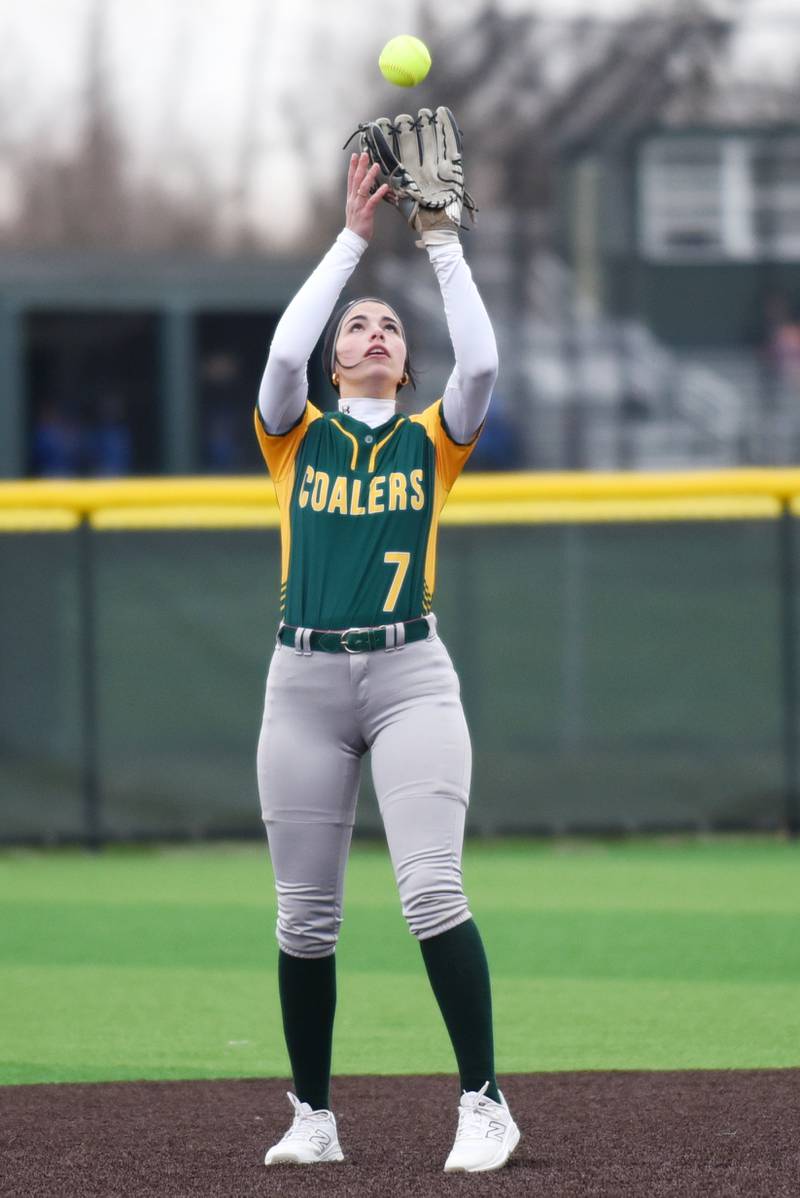 Coal City's Sierra Anderson catches a pop up during a home game against Peotone Wednesday, April 9, 2025.