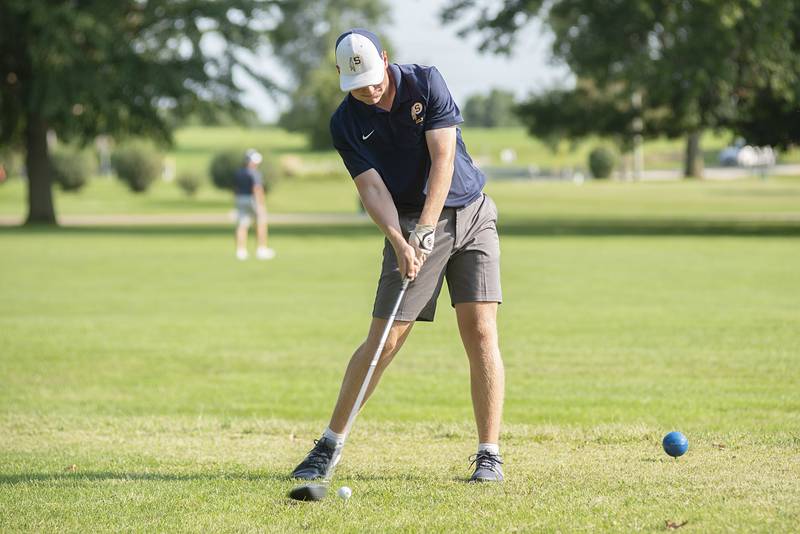 Sterling’s Cameron O’Brien drives off the tee on #1 against Rock Falls on Wednesday, Sept. 14, 2022.