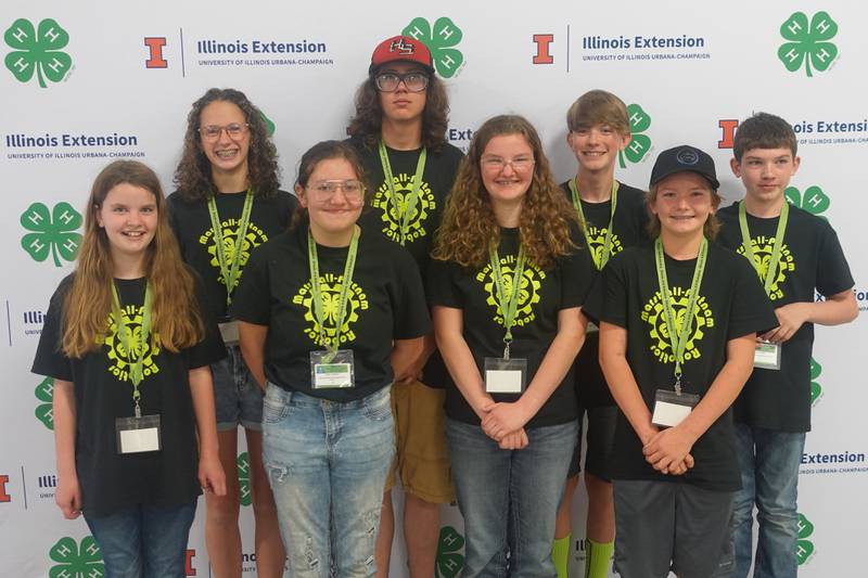 The Marshall-Putnam 4-H Robotics Seniors Team consists of Gwen Heeley, Samantha Nauman, Lillian Lindstrom, Waylon Lindstrom, Daphne Heeley, Caleb Wiesbrock, Logan Siegmann and Cooper Hattan.