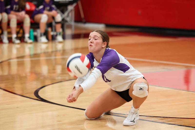 Manteno's Morgan Derrico digs a hit from Bradley-Bourbonnais during the Panthers' victory in three sets, 25-21, 23-25, 25-17, over the Boilermakers on Monday, Sept. 15, 2025.