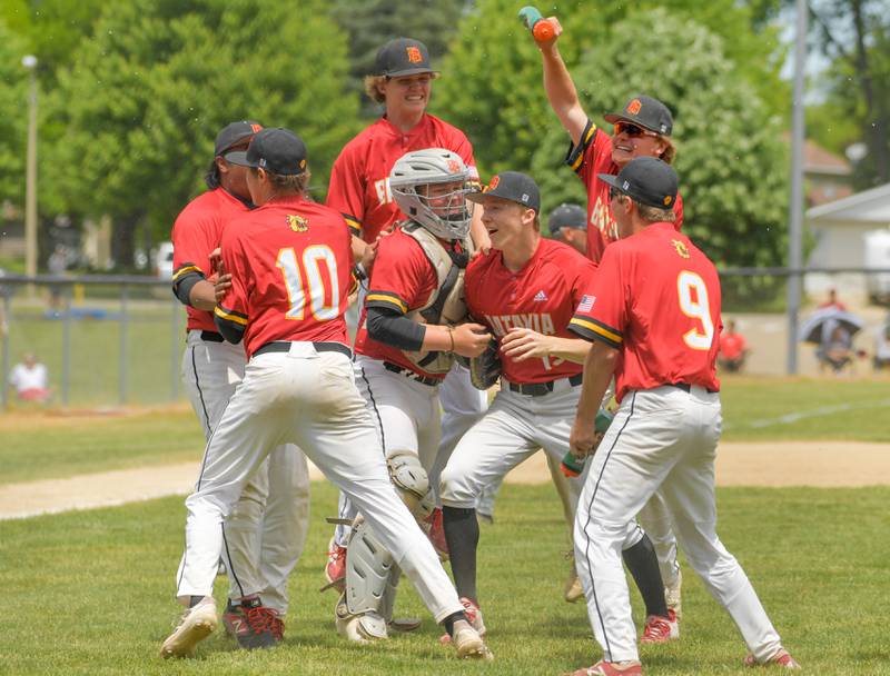 Batavia celebrates their 4-3 win over St. Charles North to capture the Geneva Regional Championship on Saturday, May 27, 2023.