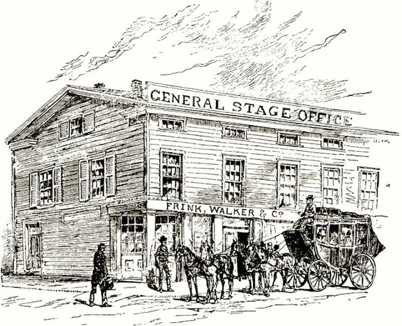 An early drawing of Frink & Walker’s stagecoach headquarters in Chicago, ca. 1845.