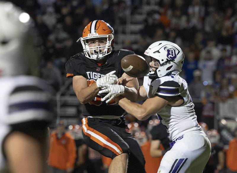 Byron’s Caden Considine breaks up a pass intended for Dixon’s Landon Knigge Friday, Sept. 5, 2025, at Byron High School.