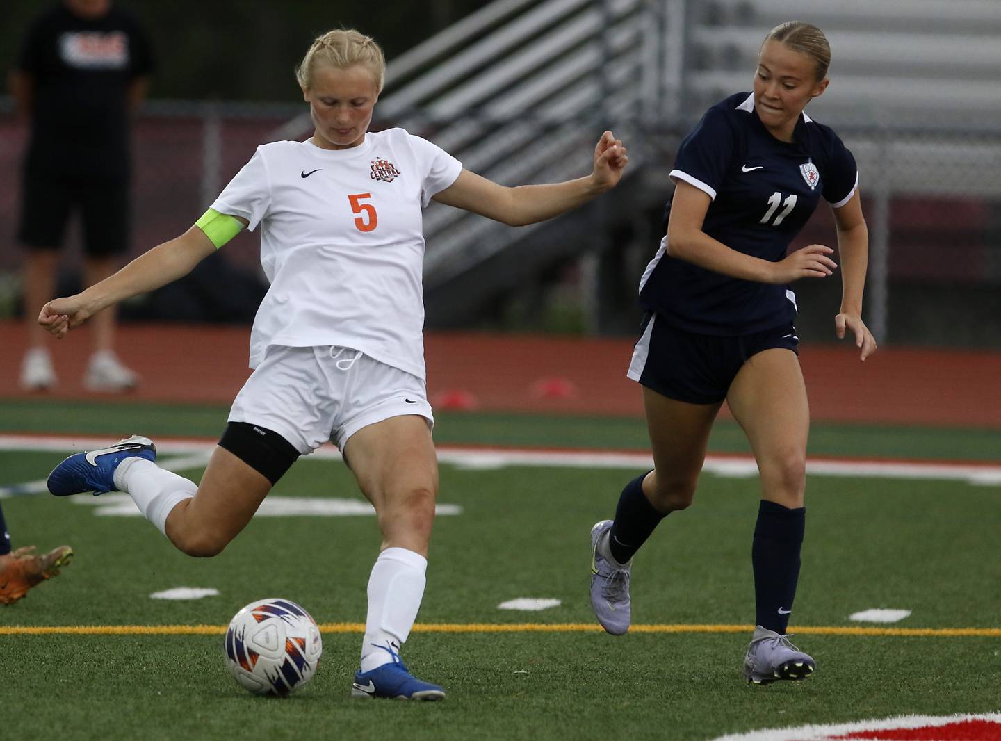 Crystal Lake Central's Elizabeth Gray takes a shot at the goal as she is defended by St. Viator's Kalin Mccrea during the IHSA Class 2A Deerfield Sectional championship girls soccer match on Friday, May 30, 2025, at Deerfield High School.