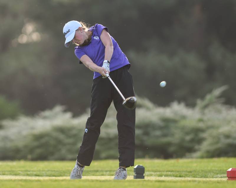 Leah Duensing of Joliet Township tees off during the Southwest Prairie conference meet on Wednesday Sept. 24, 2025, held at Blackberry Oaks Golf course in Bristal.