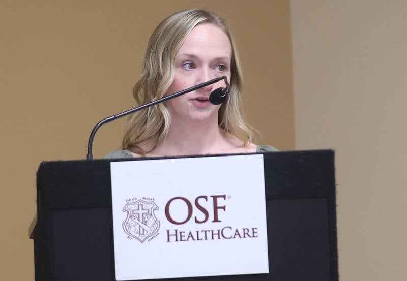 Tasha Arteaga, Sexual Assault Nurse Examiner (SANE) coordinator and advanced practice registered nurse speaks during a blessing event of the new OSF Resilient Healing care program that will represent hope, healing and a renewed commitment to the recovery of sexual assault survivors in the I‑80 Region on Friday, May 30, 2025 at OSF HealthCare Saint Paul Medical Center in Mendota. 
OSF Resilient Healing care is offered at two locations: Ottawa and Mendota. These strategically chosen sites ensure that survivors throughout the region can get the care they need in a supportive, safe and accessible setting.