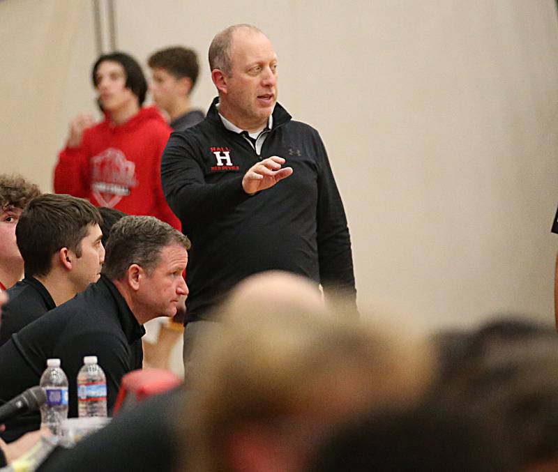 Hall head boys basketball coach Mike Filippini coaches his team against L-P on Tuesday, Nov. 29, 2022 at Hall High School in Spring Valley.