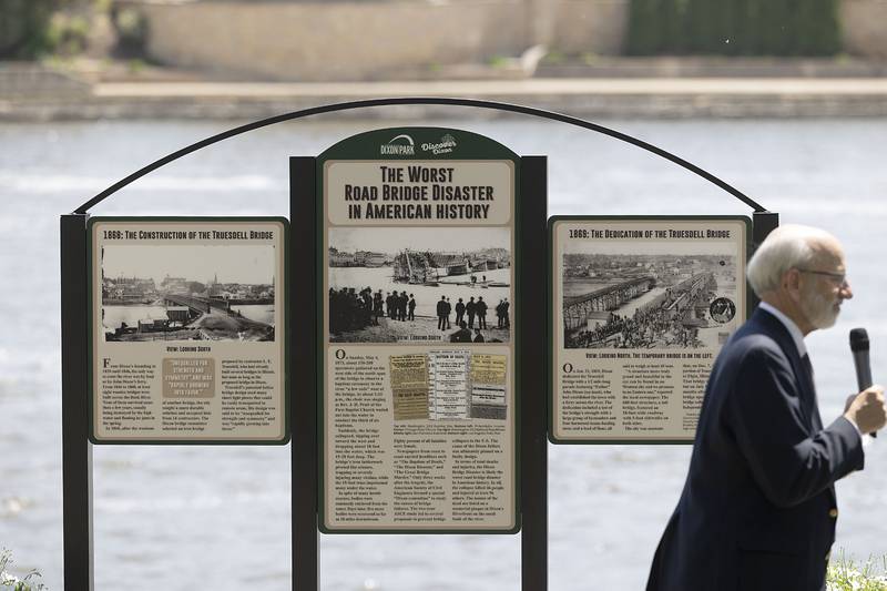 The newest riverfront attraction in unveiled in Dixon Sunday, May 7, 2023 at the spot where the Truesdell Bridge collapsed 150 years ago.