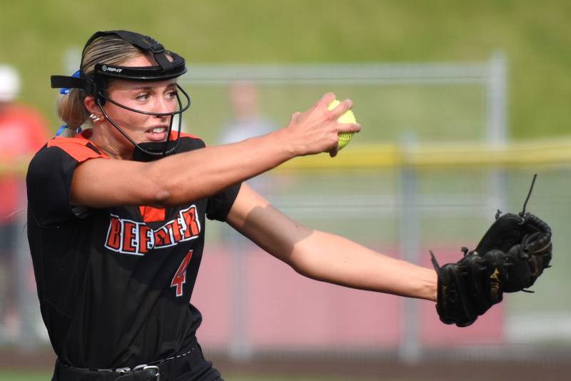 Beecher's Ava Lorenzatti throws a pitch during the Class 2A East Peoria Super-Sectional against Brimfield Monday, June 2, 2025.