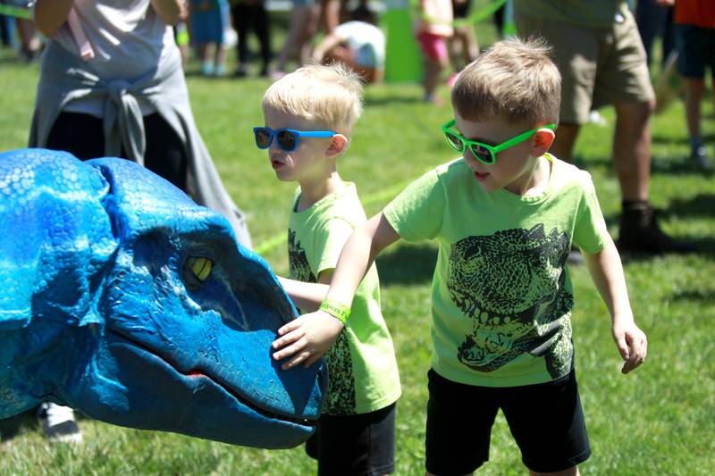 Brothers Liam (left) and Tyler and Keehnast of Geneva meet a dinosaur as part of the Dino Farm Adventure at Kuipers Family Farm in Maple Park on Thursday, May 30, 2024. The Dino Farm Adventure will be at Kuipers until June 16.