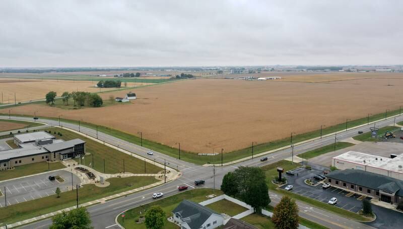 An aerial view looking northwest near the intersection of Midtown Road and Peoria Street on Tuesday, Sept. 24, 2024 in Peru. The City of Peru released a drawing at the past city council meeting to give residents an idea of how a multi-faceted sports complex and city center may be laid out in Peru.