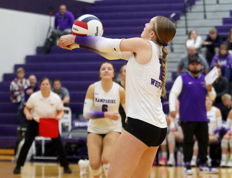 Hampshire’s Ella Ingve plays the ball against Libertyville in an IHSA volleyball Class 4A Sectional Championship at Hampshire High School in Hampshire on Thursday, November 6, 2025.