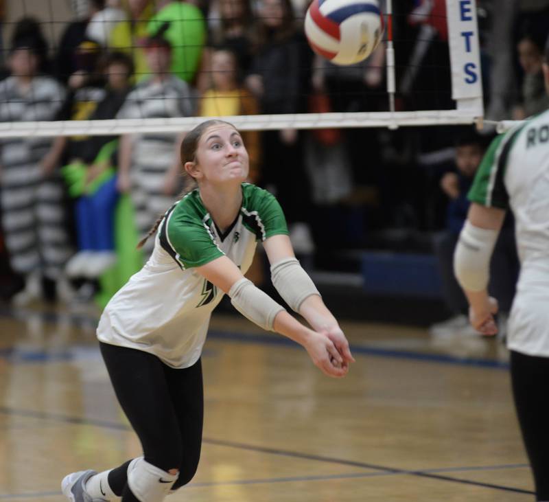 Rock Falls' Miley Bickett (11) chases the ball during action against Erie-Prophetstown during the championship of the 2A Sterling Newman Regional on Thursday, Oct. 31, 2024.