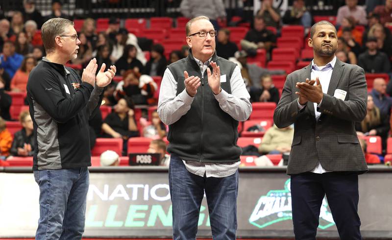 Sponsors are recognized between games at the First National Challenge Friday, Jan. 27, 2023, at The Convocation Center on the campus of Northern Illinois University in DeKalb.