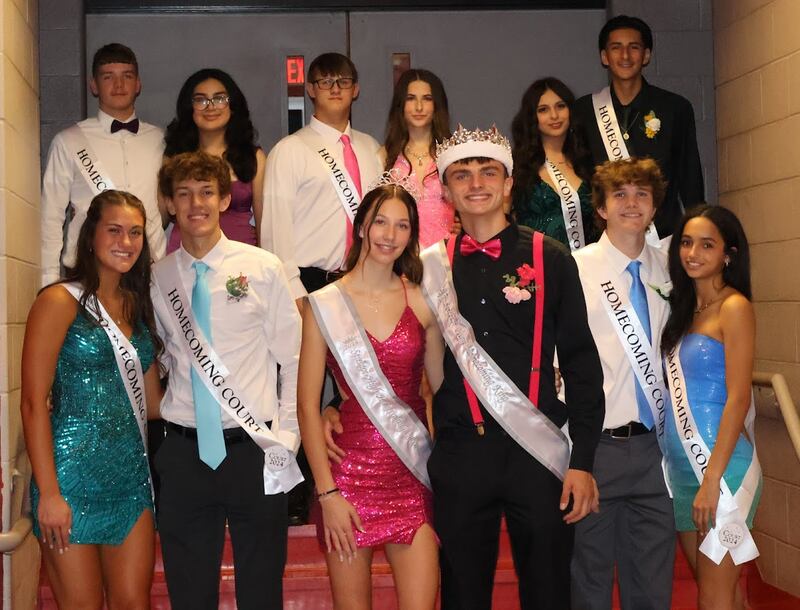 The 2024 Streator High School Homecoming Court posed for a photo. They are seniors (front from left) Mya Zavada, Matt Williamson, Queen Sidney Osland, King Aaron Henson, Blaize Bressner and Sonia Proksa; (back from left) juniors Jon Davis and Paulina Martinez; sophomores Joseph Grako and Grace Nasvytis; freshmen Eryc Arevalo and Amara Hernandez.