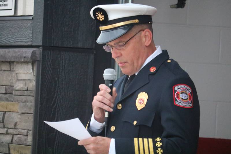 DeKalb Fire Department deputy fire chief Jim Carani gives remarks Sept. 11, 2025, during the fire department's annual Patriot Day Ceremony.