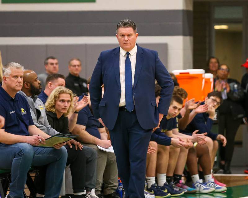 Yorkville Christen's head coach Aaron Sovern roams the sidelines during their Class 2A Seneca Sectional final basketball game between Bishop McNamara at Yorkville Christian, March 6, 2026 in Senaca.