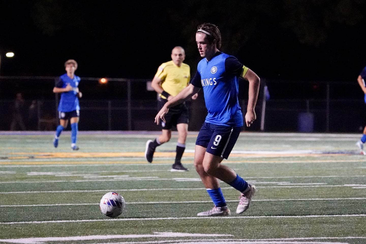 Geneva’s Caleb Kelly (9) plays the ball against St. Charles East during a DuKane Conference game at Geneva High School on Tuesday, Oct. 14, 2025.