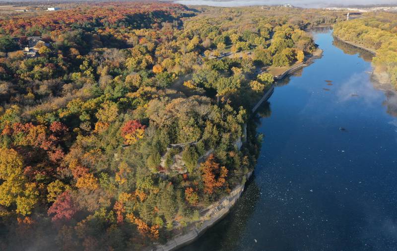 A aerial view of fall colors on Thursday, Oct. 24, 2024 at Starved Rock State Park.