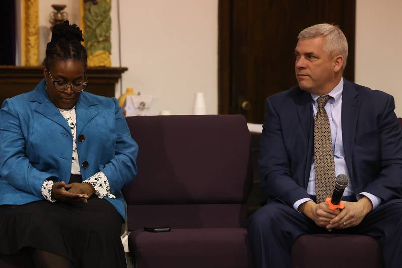 Joliet mayor candidate Terry D’Arcy did not show for a mayoral candidate forum with mayor candidate Tycee Bell (left) and Mayor Bob O’Dekirk at New Canaanland Christian Church in Joliet on Saturday, March 25, 2023 in Joliet.