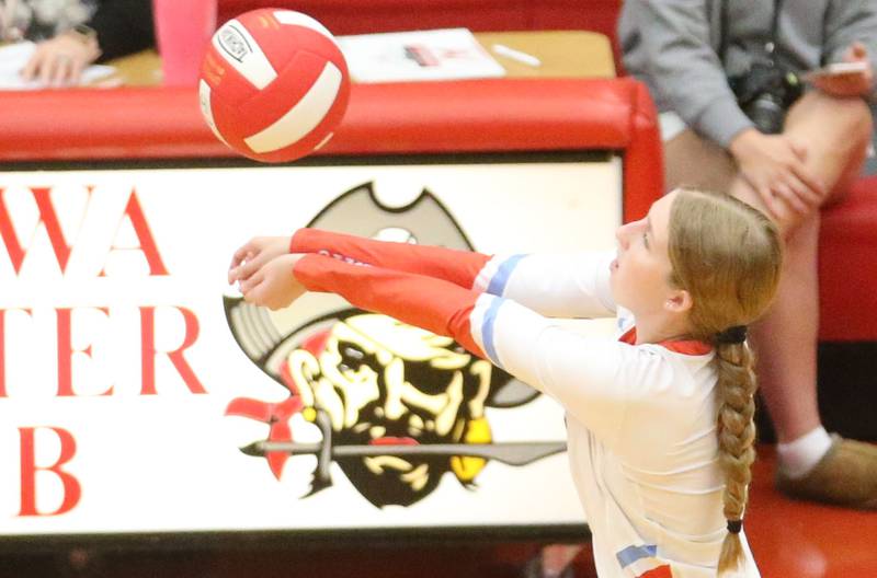 Ottawa's Rowan Weems hits the ball in the air against Pontiac on Tuesday, Sept. 9, 2025 at Kingman Gymnasium.