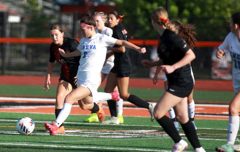 Geneva's Maggie Anderson kicks the ball during the Class 3A St. Charles East Regional final against St. Charles East on Friday, May 23, 2025 in St. Charles.