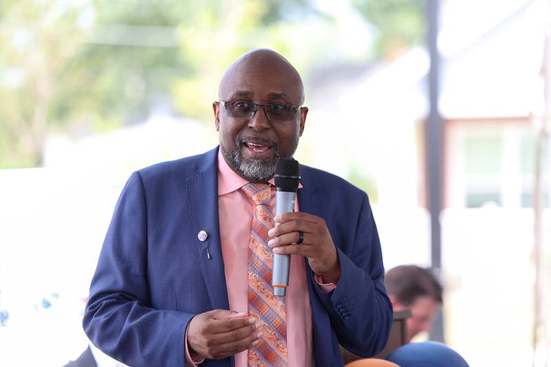 Kankakee County Housing Authority Executive Director Joseph Anderson speaks during the West Harbor Residences ribbon cutting and street dedication ceremony on Wednesday, July 23, 2025.